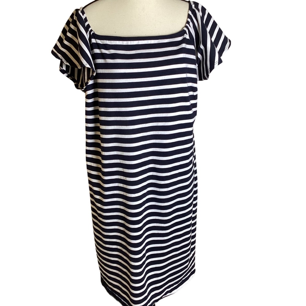 Lauren Ralph Lauren Navy White Striped Square‎ Neck Flutter Sleeve Dress Large